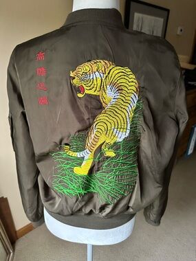36.5 Olive Green Tiger‎ Embroidered Bomber Jacket Streetwear Moto Sz S/M